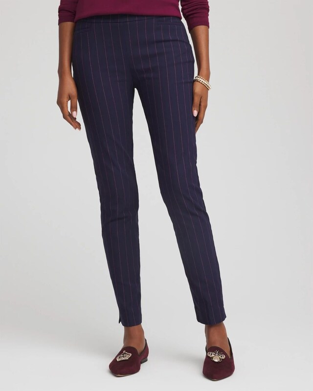 Pinstriped Brigitte Slim Pull-On Ankle Pants